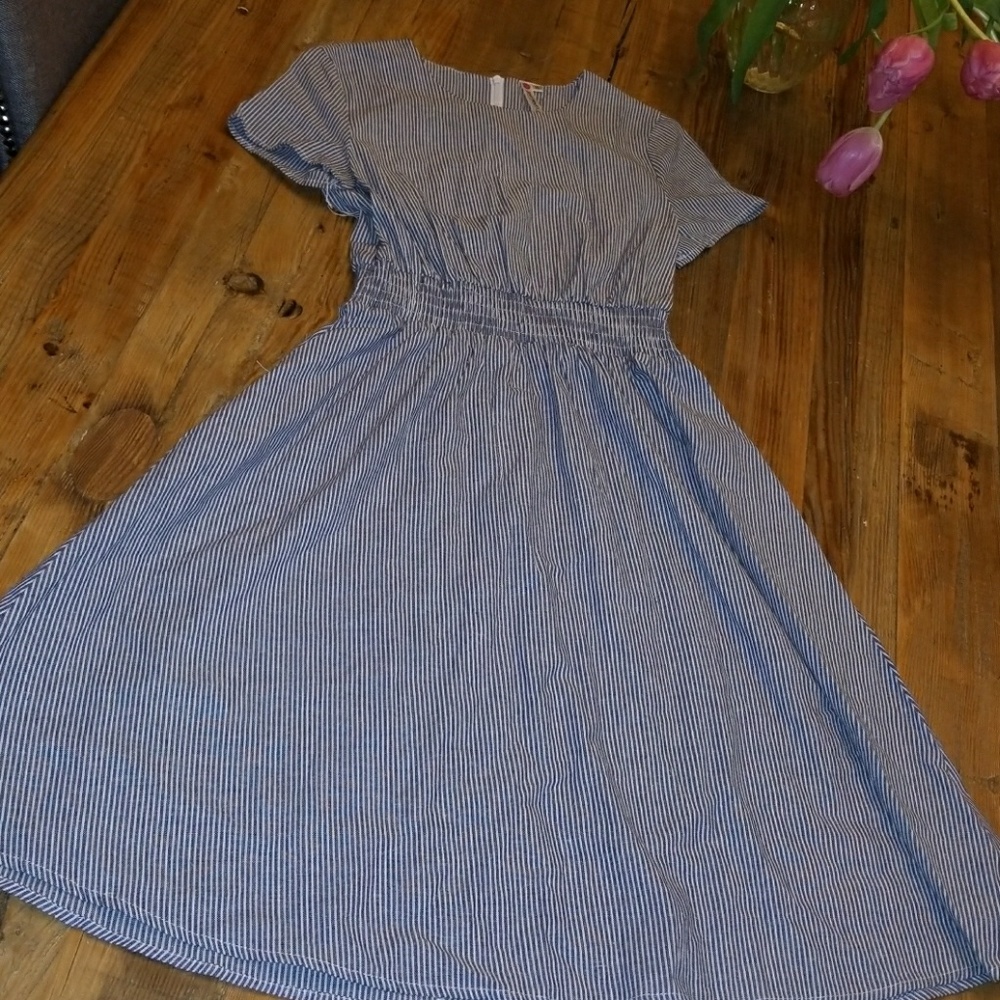 Adorable cotton pinstripe dress with elastic waste